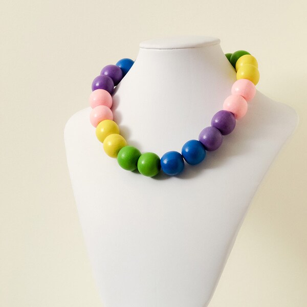 Chunky Colorblock Round Painted Pink Yellow Purple Blue Green Wood Bead Necklace