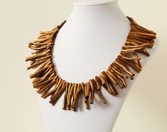 Chunky Long Stick Bib Golden Coral Bead Necklace