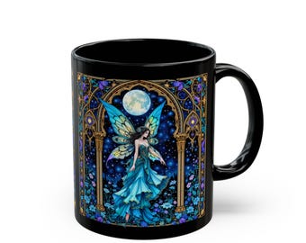 Mug, Gothic Stained Glass Art Deco Blue and Gold Medieval Fairy Coffee Cup, Tea Mug, Kitchen Gift, Office Decor, Halloween Mug, Gift for Her