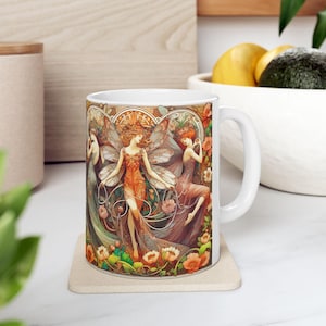 Art Deco Fairy Alphonse Mucha Style Ceramic Mug, Vintage Floral Coffee Cup, Boho Kitchen Decor, Unique Tea Mug Gift, 11oz, 15oz