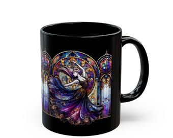 Elegant Gothic Stained Glass Art Deco Dancer Mug, Unique Coffee Cup, Home Decor,  Ceramic Tumbler Black Mug (11oz, 15oz)