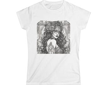 Women's Softstyle Tee Gothic Fairy T-Shirt, Art Deco Rose Tee, Witchy Graphic Top, Fantasy Fashion, Magical Creature Print