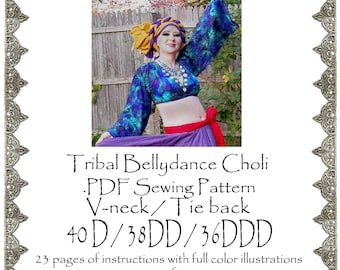 40D / 38DD / 36DDD  AngelDMort Tribal Belly Dance V-neck Choli .PDF Pattern Instant Download & Color Illustrated Instructions