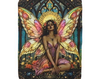 Sherpa Fleece Blanket - Gothic Stained Glass Fairy, Cozy Throw, Warm Bedding, Unique Home Decor, Winter Gift, Soft Plush Blanket