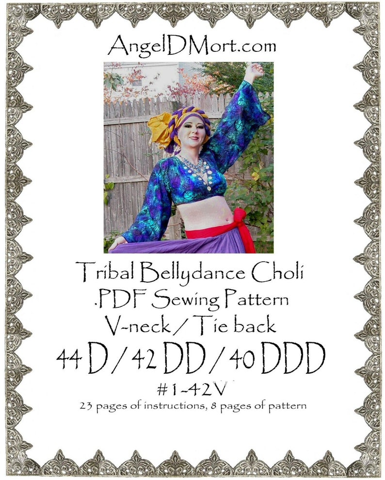 42DD / 40DDD / 44D AngelDMort Tribal Belly Dance V-neck Choli .PDF Pattern Instant Download & Color Illustrated Instructions image 1