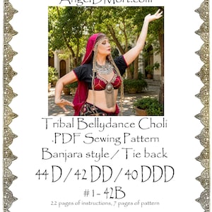 Patron PDF à télécharger instantanément avec instructions illustrées en couleur pour choli de danse du ventre tribale AngelDMort Banjara ATS (tailles 42DD/40DDD/44D).