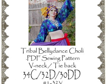34C / 32D / 30DD  AngelDMort Tribal Belly Dance V-neck Choli .PDF Pattern Instant Download & Color Illustrated Instructions