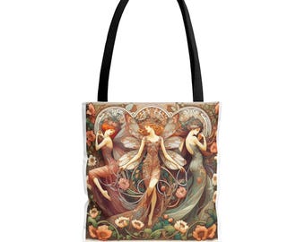 Art Deco Fairies Tote Bag - Bohemian Style Carryall, Vintage Fantasy Print, Shopping Bag, Shoulder Bag, Eco-Friendly Handbag