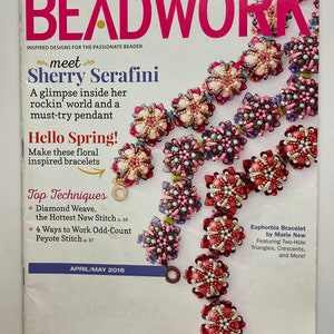 May include: A magazine cover for Beadwork, featuring floral-inspired bracelets. The cover includes the text "18 Ideas for Springtime Beading" and "Hello Spring!" The magazine also features Sherry Serafini and top techniques.