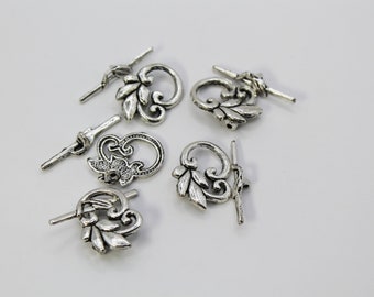 Metal Silver Clasp, Silver Clasp, Metal Clasp, Toggle Clasp, Leaf Clasp, Leaf Toggle Clasp, Silver Toggle Clasp 19x25mm - T-bar 30mm, 5 sets