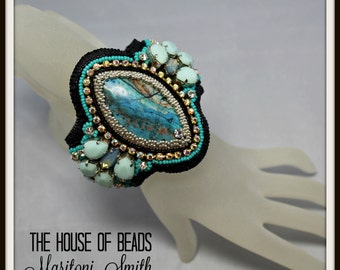 Handmade Bead embroidered cuff, Beaded bracelet, Bead woven cuff, Original design, OOK, Turquoise cabochon and swarovski crystal cuff