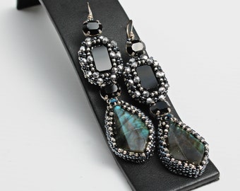 Handmade bead embroidered earrings, Bead embroidery earrings, Beaded earrings, Original Design, Gemstone earrings, OOK, Labradorite earrings