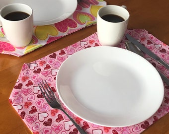 Bright and Bold, Put your Heart on the Table for Valentine's Day! Set of Four (4) Reversible Placemats with Pink and Yellow Hearts