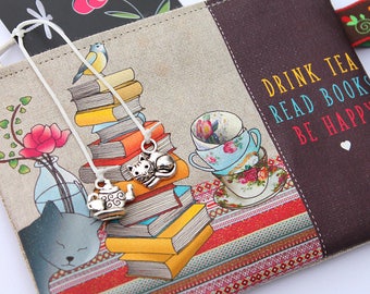 Porte-monnaie en lin naturel illustré " Drink tea, Read books, Be happy "