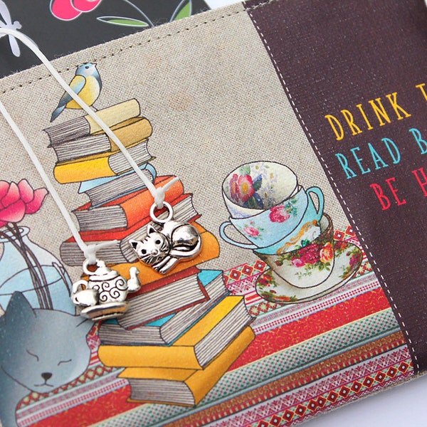 Porte-monnaie en lin naturel illustré " Drink tea, Read books, Be happy "