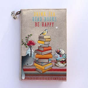 Adjustable pocketbook illustrated linen "drink tea read books be happy"