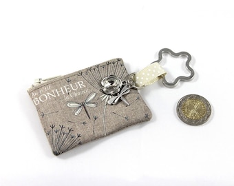 Keychain - mini wallet in linen with message "P ' little good luck happiness"