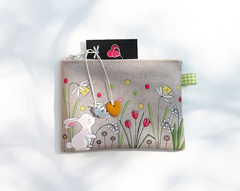 Wallet made of natural linen illustrated little white rabbit