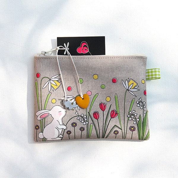 Porte-monnaie en lin naturel illustré petit lapin blanc