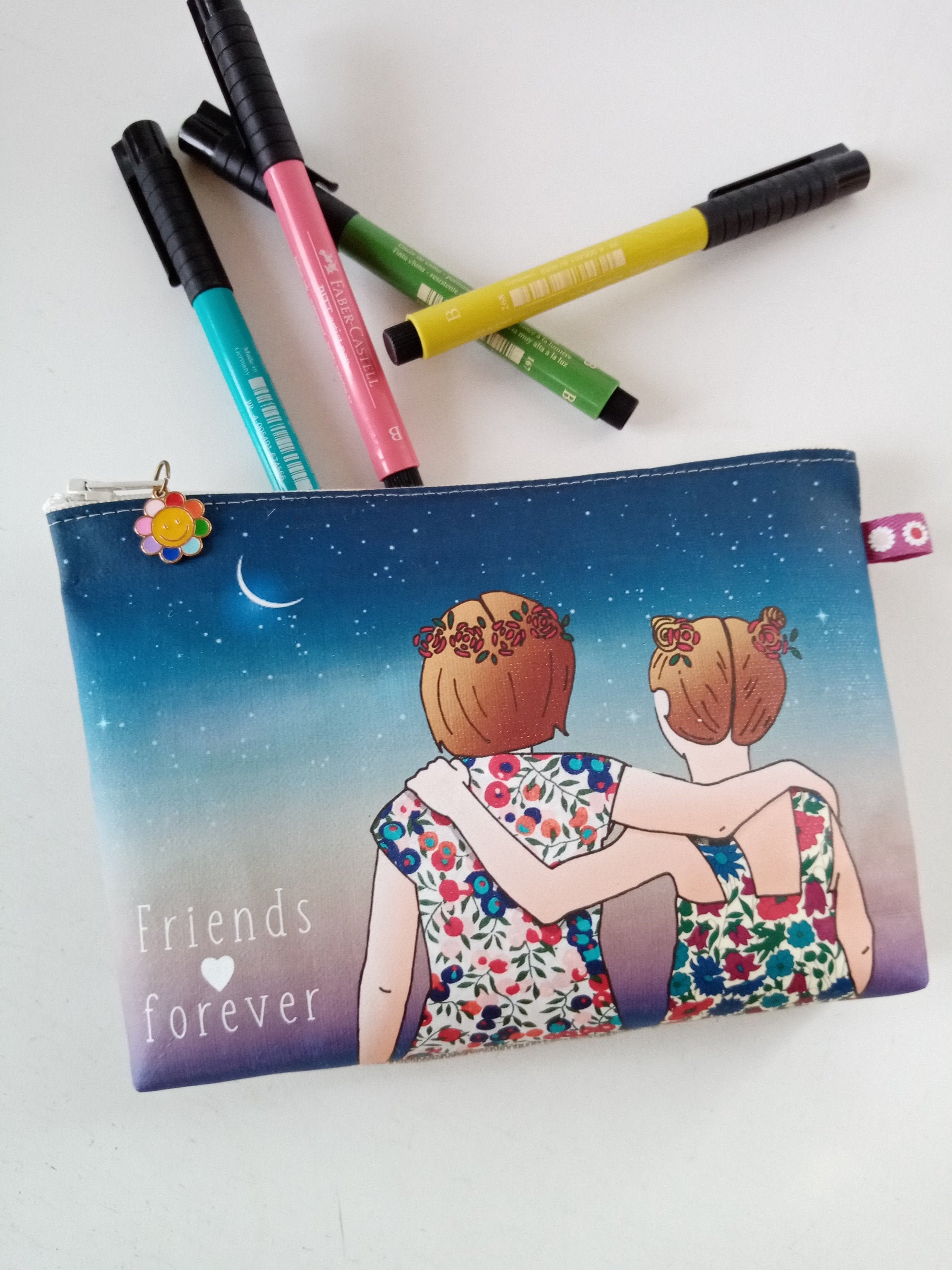 Trousse à Crayons en Lin Naturel avec Illustration Originale Friends Forever 
