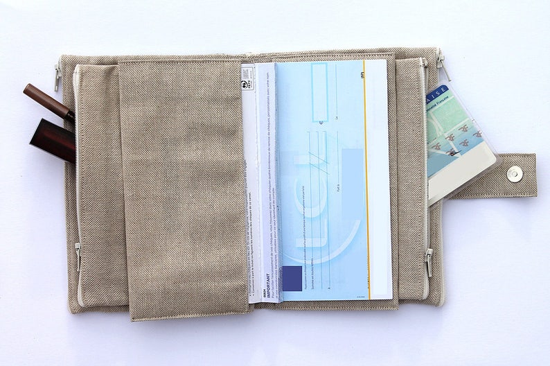 Bag organizer with checkbook holder integrated in natural linen Au p/'tit bonheur le chance
