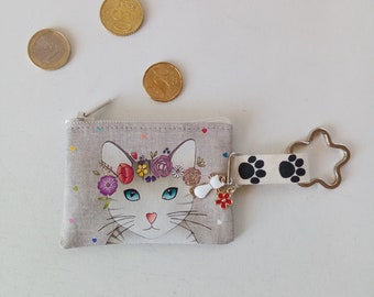 porte clés / mini porte-monnaie en lin illustré " my sweet little cat "