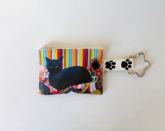 Porte clés - mini porte monnaie en lin illustré chat noir multicolore