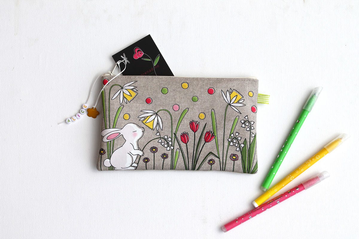 Trousse à Crayons en Lin Personnalisable avec Illustration Originale Lapin Blanc