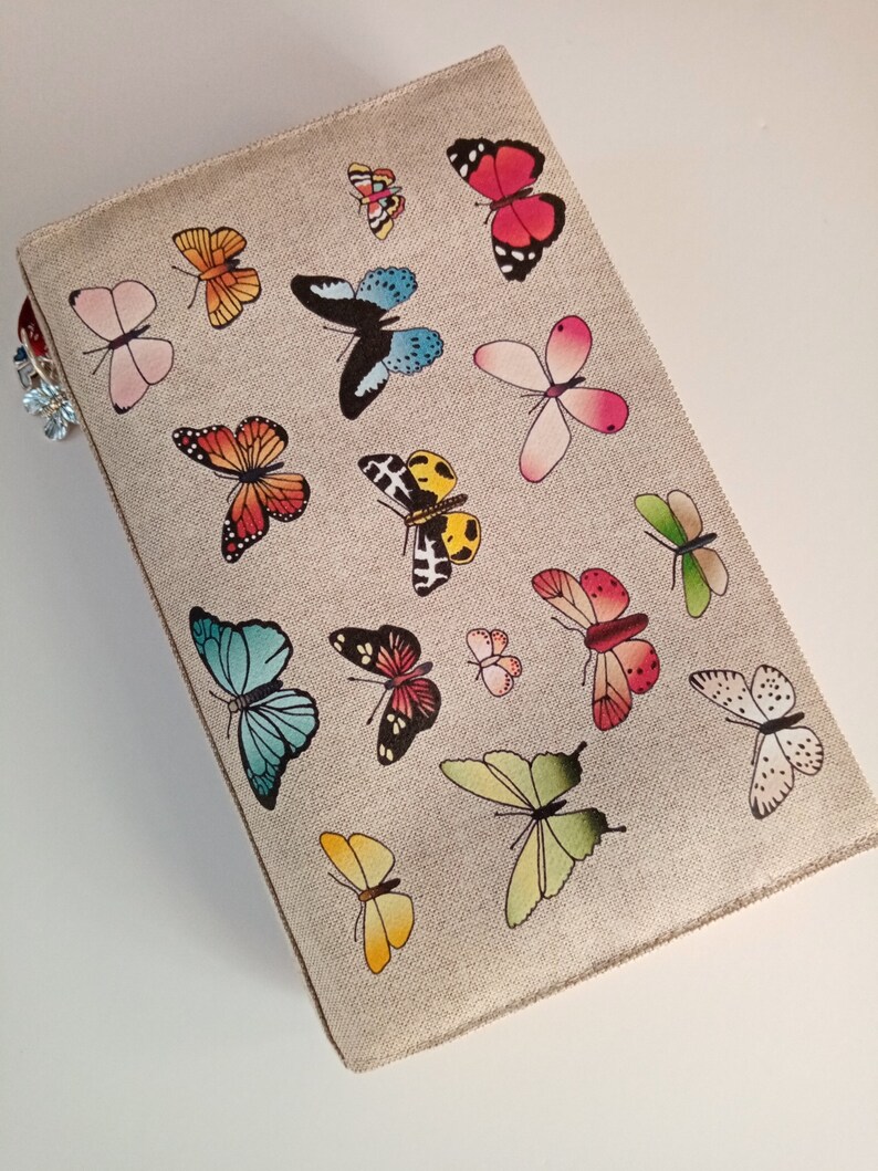 Protège livre de poche en lin naturel illustré planche botanique papillons image 1