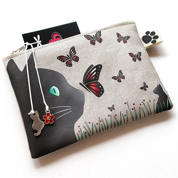 Porte-monnaie en lin naturel illustré " chat noir et papillons "