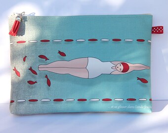 Large illustrated "bather and goldfish" linen bag