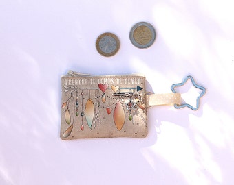 porte clés / mini porte-monnaie en lin illustré " prendre le temps de rêver "