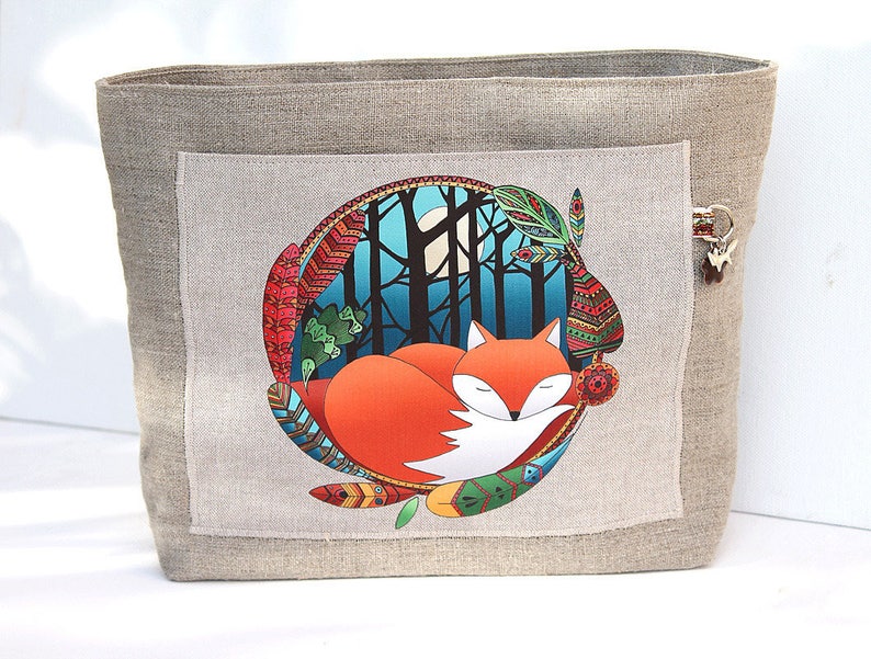 Natural linen bag organizer illustrated little fox