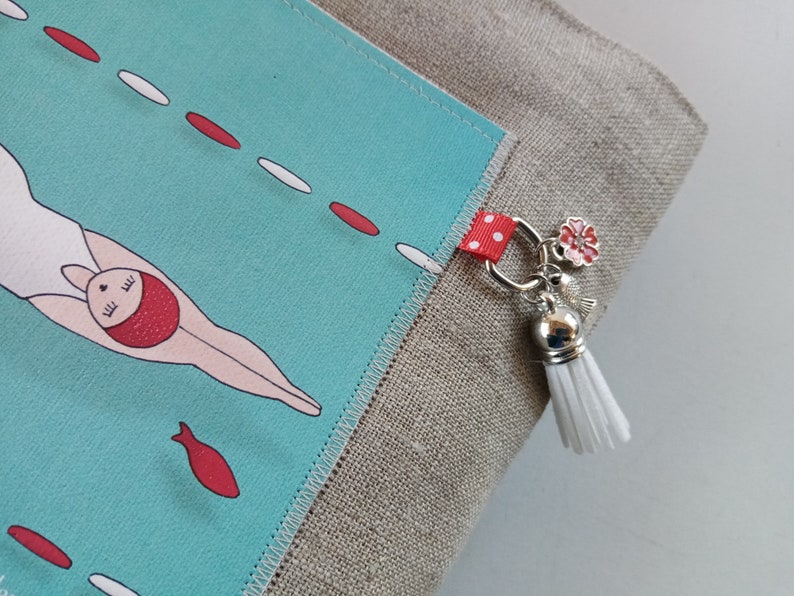 Large natural linen bag organizer illustrated swimmer and goldfish