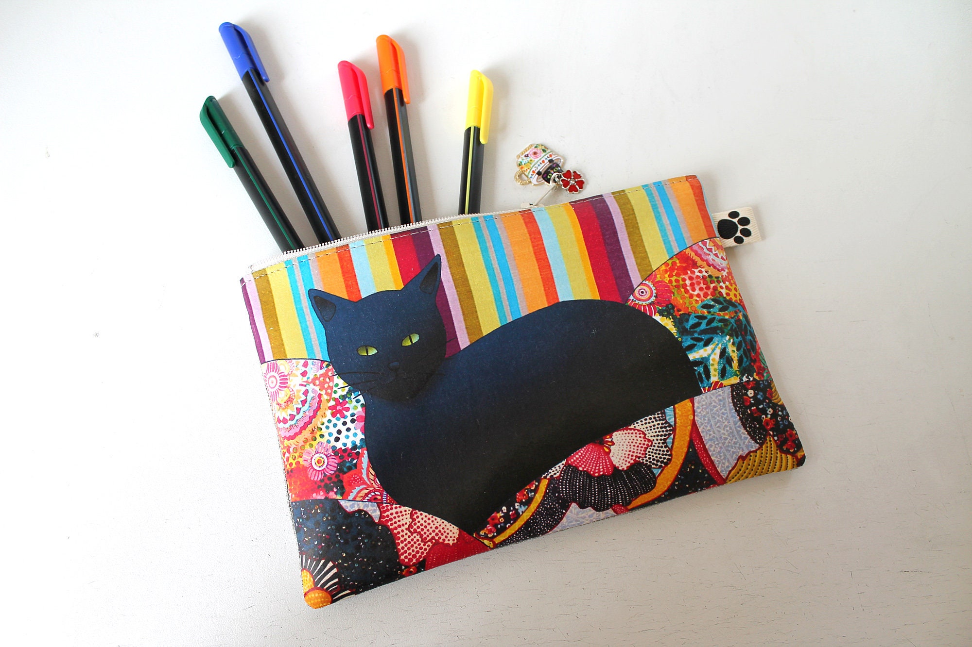 Trousse à Crayons en Lin Naturel avec Illustration Originale Chat Noir Multicolore 