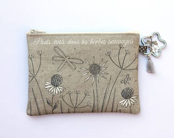 Coin purse-key cards in natural linen with illustration "Barefoot in the weeds"