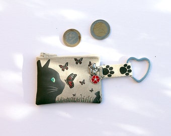 porte clés / mini porte-monnaie en lin illustré " chat et papillons "