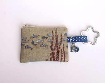 key holder / mini coin purse in illustrated linen "small azulejo fish"