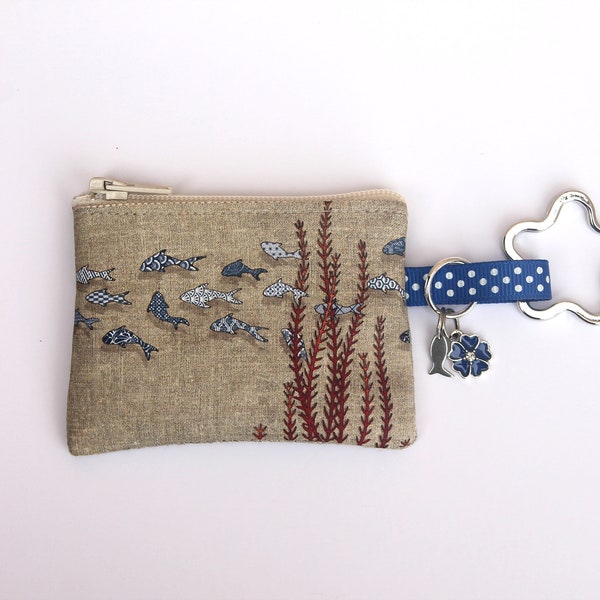 porte clés / mini porte-monnaie en lin illustré " petits poissons azulejos "
