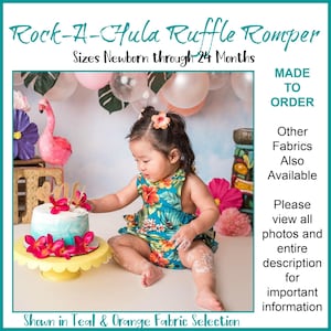 Tropical Print Ruffle Romper for Girls, Sizes Newborn through 24 Months, Hawaiian Theme First Birthday Outfit for Girls