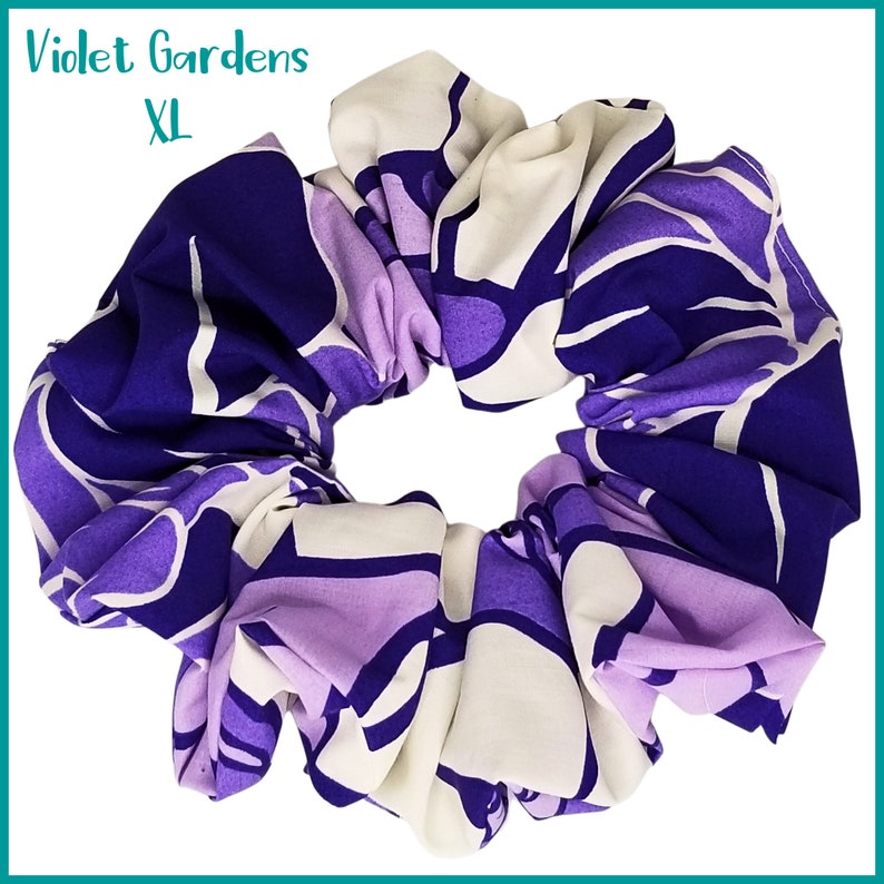 Giant Hawaiian Scrunchie shown with Violet Gardens Fabric