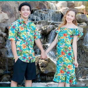 Matching Hawaiian Couples Outfit, Ladies Hawaiian Dress OR Mens Hawaiian Shirt, Matching Family Hawaiian Outfits image 1