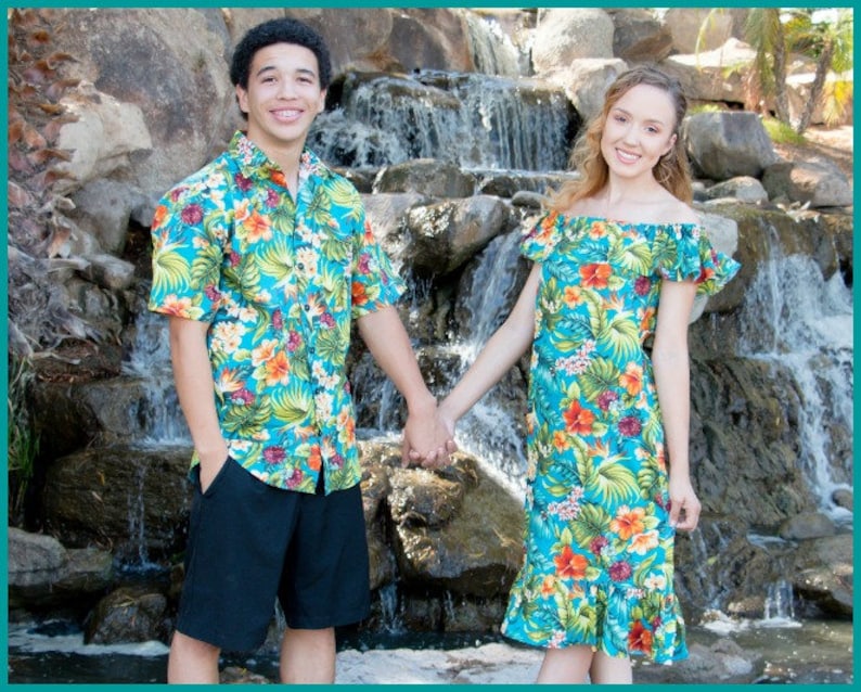 Matching Hawaiian Couples Outfit, Ladies Hawaiian Dress OR Mens Hawaiian Shirt, Matching Family Hawaiian Outfits image 1