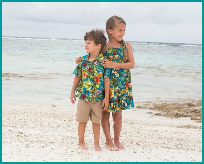 Matching Father Son Hawaiian Luau Outfit Men Shirt Boy Shirt White with  Navy Floral