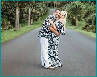 Couples Hawaiian Outfits, Matching Family Hawaiian Outfits; Women's Hawaiian Dress, Men's Hawaiian Shirt, Tiki Outfits