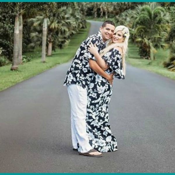 Couples Hawaiian Outfits, Matching Family Hawaiian Outfits; Women's Hawaiian Dress, Men's Hawaiian Shirt, Tiki Outfits