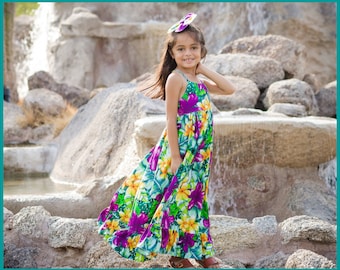 Girls Hawaiian Dress, Maxi Luau Outfit, Beach Photos, Matching Family Hawaiian Clothing