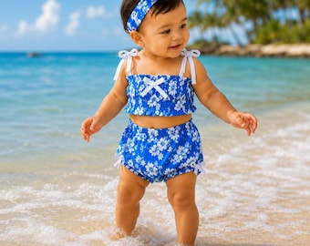 Traje de baño azul hawaiano para bebé / Conjunto tropical para niños pequeños / Conjunto de playa de boutique / Ropa de resort hecha a mano / Traje de baño Azure Bay