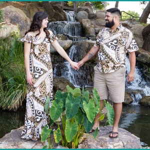 Matching Hawaiian Couples Outfit, Ladies Maxi Hawaiian Dress OR Mens Hawaiian Shirt, Matching Family Hawaiian Outfits image 1