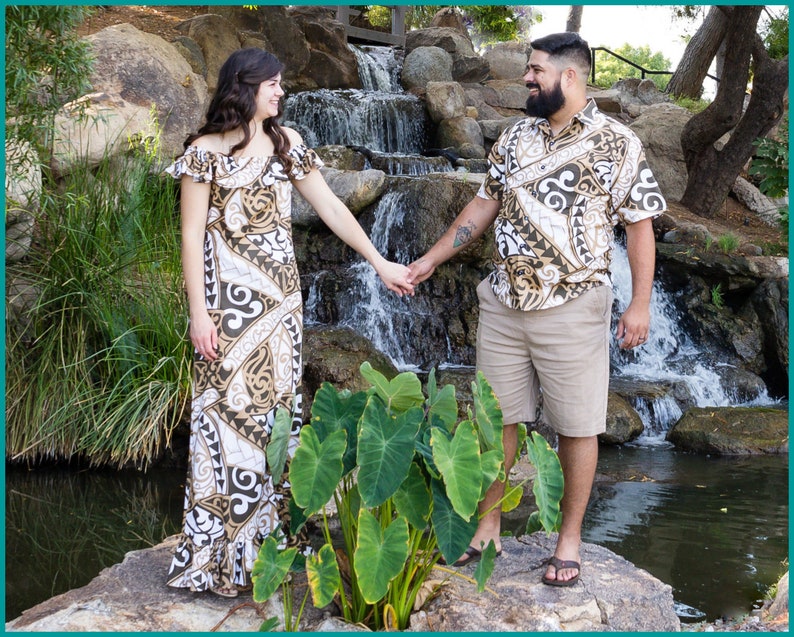 Matching Hawaiian Couples Outfit, Ladies Maxi Hawaiian Dress OR Mens Hawaiian Shirt, Matching Family Hawaiian Outfits image 1